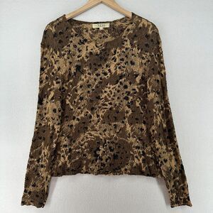 NESS Top Womens L Lace Blouse Leopard Animal Print Long Sleeve Stretch Brown